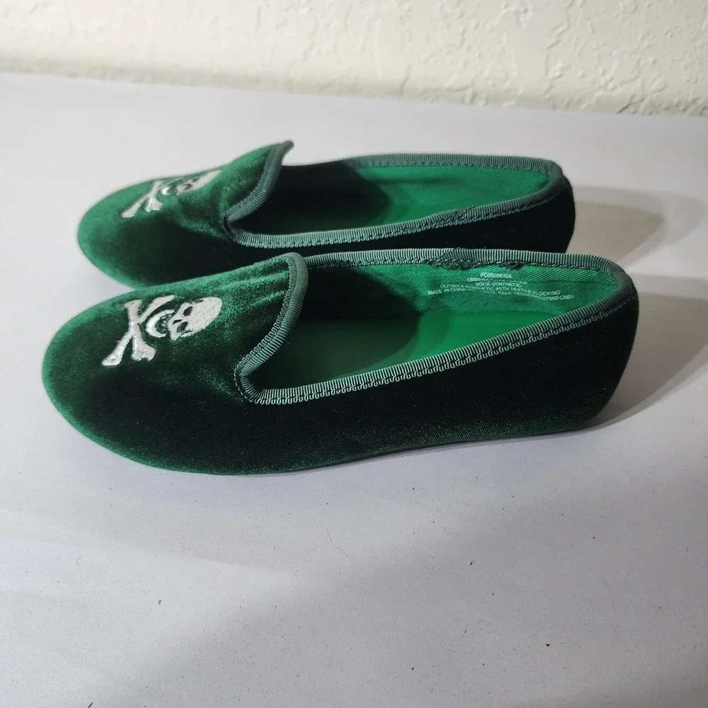 Crewcuts Kids Green Velvet Skull‎ Crossbones Smoking Loafers Flats PO58088104